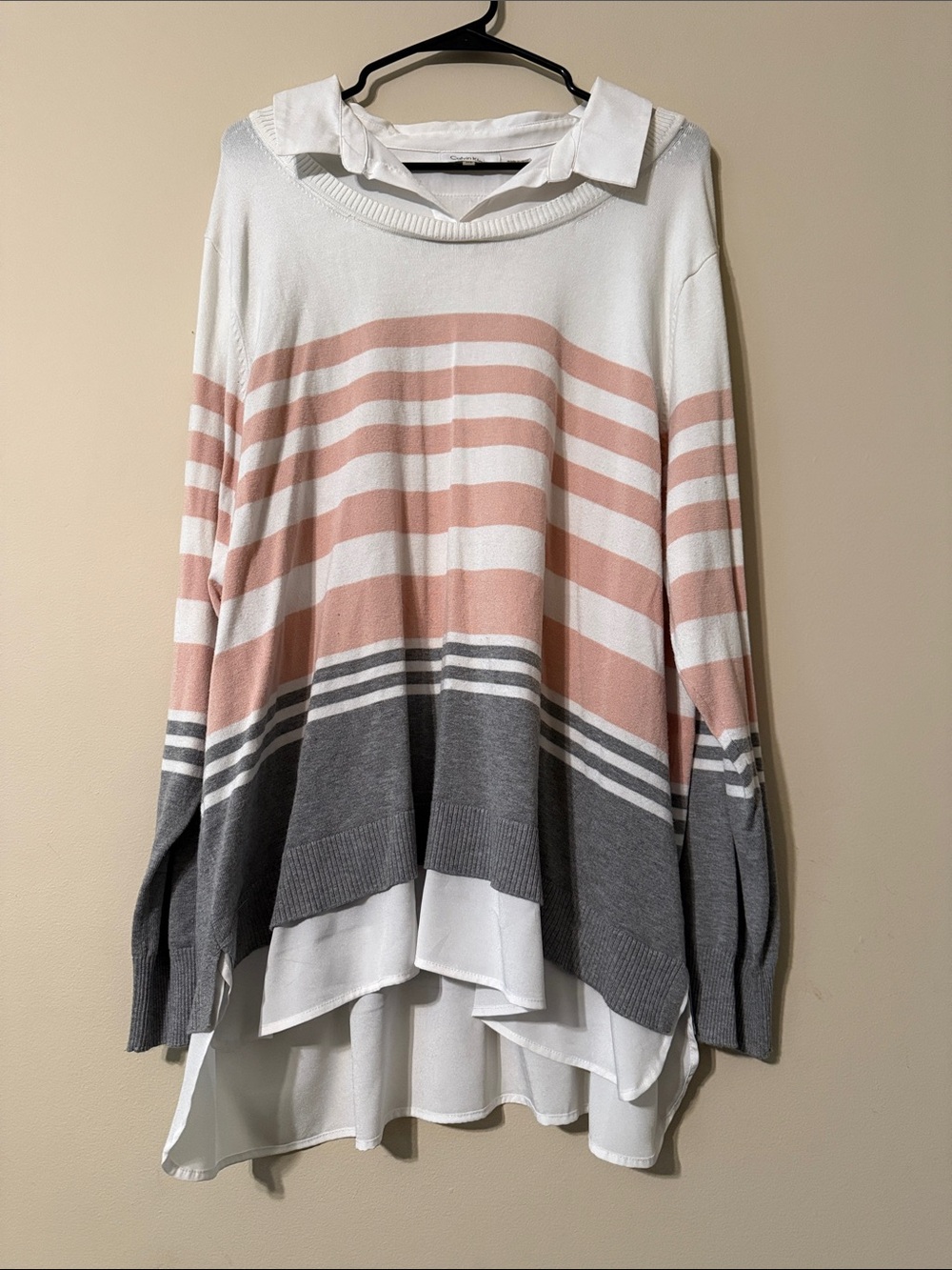 Calvin Klein Striped Layered Pullover with Shirt Hem - Blush, White & Gray